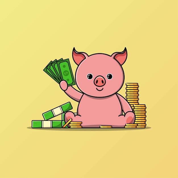Lindo cerdo con pila de monedas y dinero vector ilustración