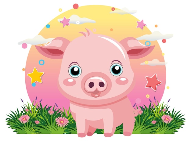 Lindo cerdo rosa en el campo de flores