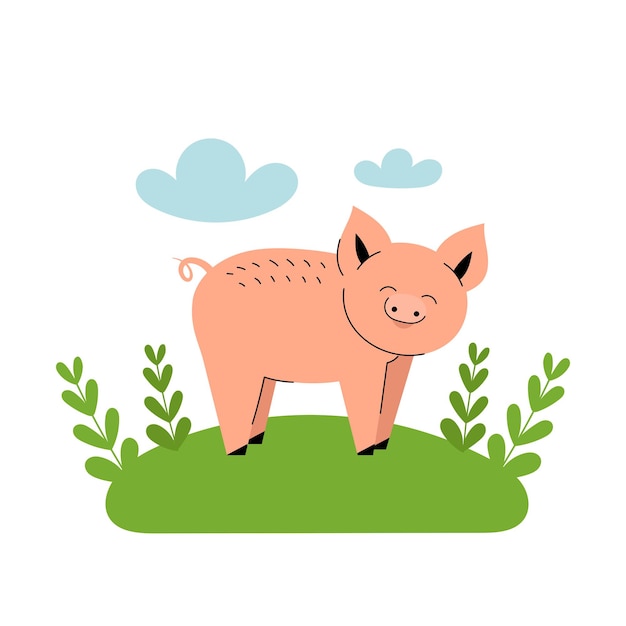 Lindo cerdo rosa se encuentra en un prado. Dibujos animados de animales de granja, agricultura, rústico. Ilustración plana simple vector sobre fondo blanco con nubes azules y hierba verde.