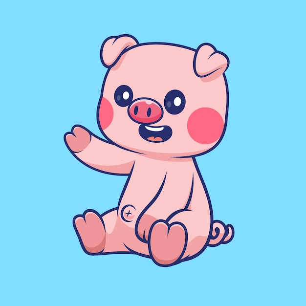 El lindo cerdo sentado y agitando la mano de dibujos animados icono vectorial Ilustración de la naturaleza animal aislado plano
