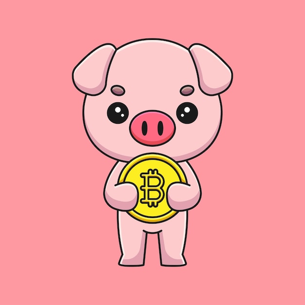 Lindo cerdo sosteniendo bitcoin mascota de dibujos animados doodle arte dibujado a mano esquema concepto vector kawaii icono ilustración