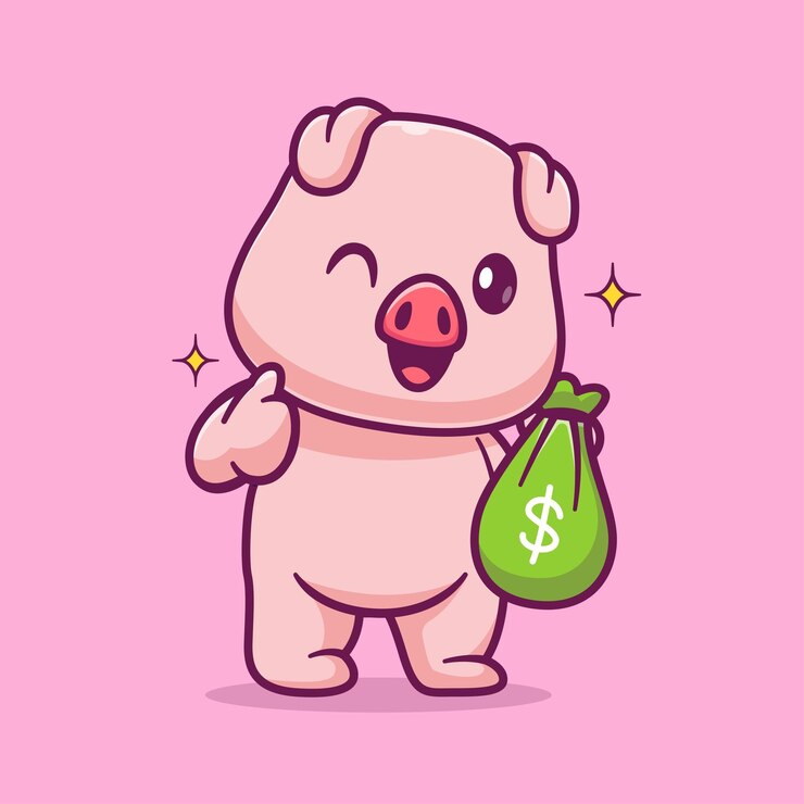 Lindo cerdo sosteniendo una bolsa de dinero con el pulgar hacia arriba Dibujos animados Vector Icono Ilustración Animal Finanzas aislado