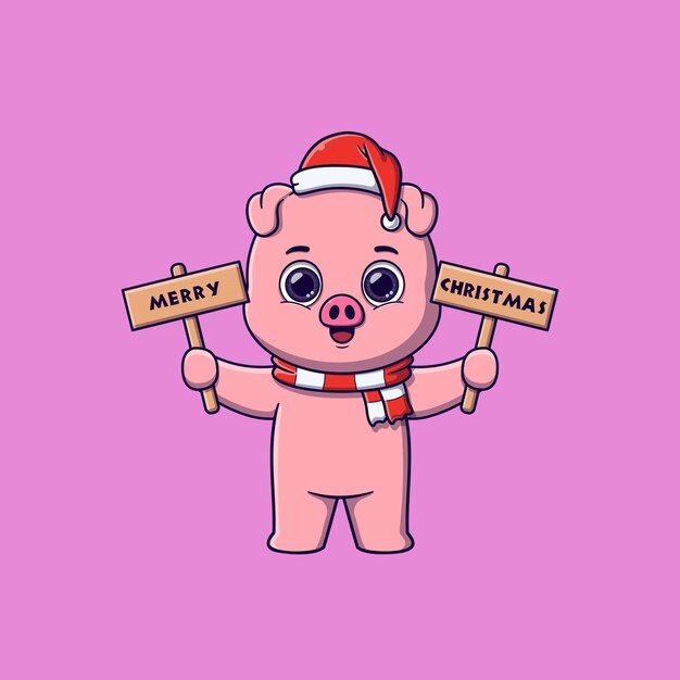 lindo cerdo sosteniendo una tabla de madera con saludos navideños