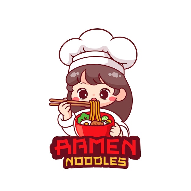 Vector el lindo chef asiático comiendo una taza de fideos ramen logotipo de la mascota