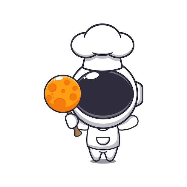 Lindo chef astronauta mascota personaje de dibujos animados con luna de caramelo.