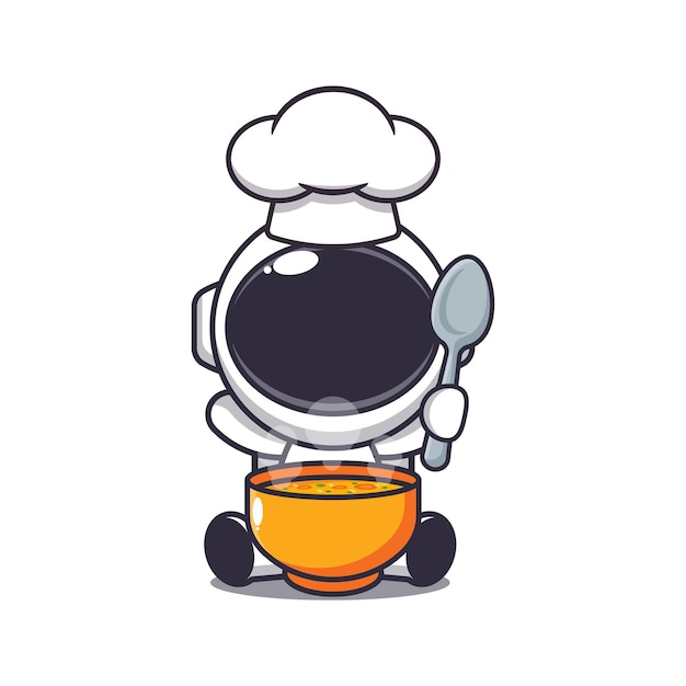 Lindo chef astronauta mascota personaje de dibujos animados con sopa.