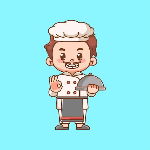 Lindo chef cocinero servir comida ok pose kawaii chibi personaje mascota ilustración diseño de estilo de contorno