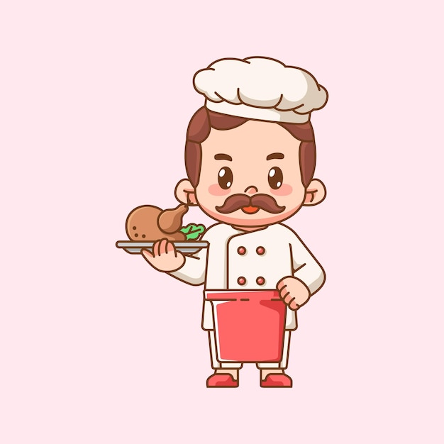 Lindo chef cocinero sirve comida de pollo kawaii chibi personaje mascota ilustración diseño de estilo de contorno