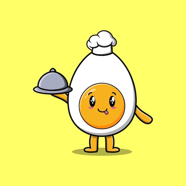 Lindo chef de dibujos animados huevo hervido sirviendo comida en la bandeja