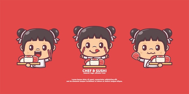 Lindo chef de dibujos animados con sushi comida japonesa ilustración vectorial