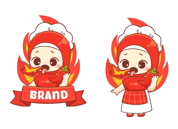 El lindo chef hijab con el logotipo de dibujos animados de comida picante de chile caliente