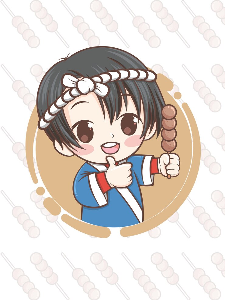Vector lindo chef japonés presentando comida mitarashi dango - personaje de dibujos animados.