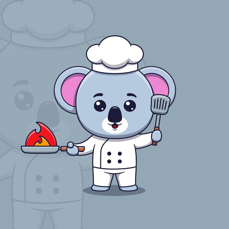 Lindo chef koala sosteniendo una espátula y una sartén ardiente