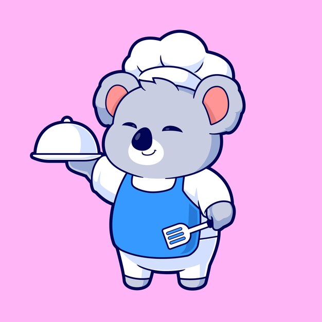 El lindo chef de koala tiene un diseño plano y una ilustración vectorial de dibujos animados.