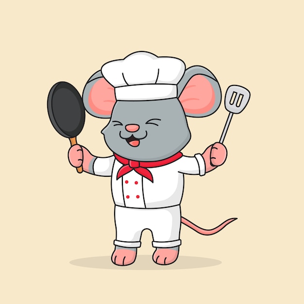 Lindo chef mouse con espátula y sartén