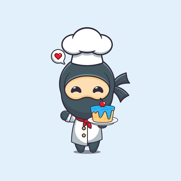 Lindo chef ninja con ilustración vectorial de dibujos animados de pasteles