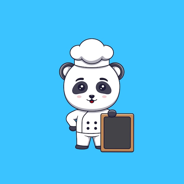 Vector lindo chef panda de pie junto a un letrero vacío