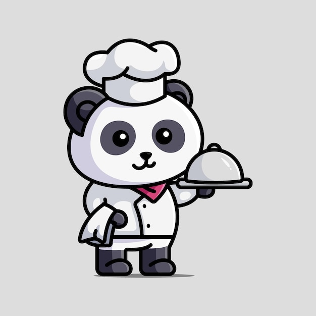 Lindo chef panda con sombrero de chef y sosteniendo un plato de servir dibujos animados ilustración vector animal