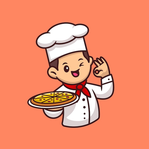 Lindo chef con pizza icono de dibujos animados ilustración. concepto de icono de comida de personas aislado. estilo de dibujos animados plana