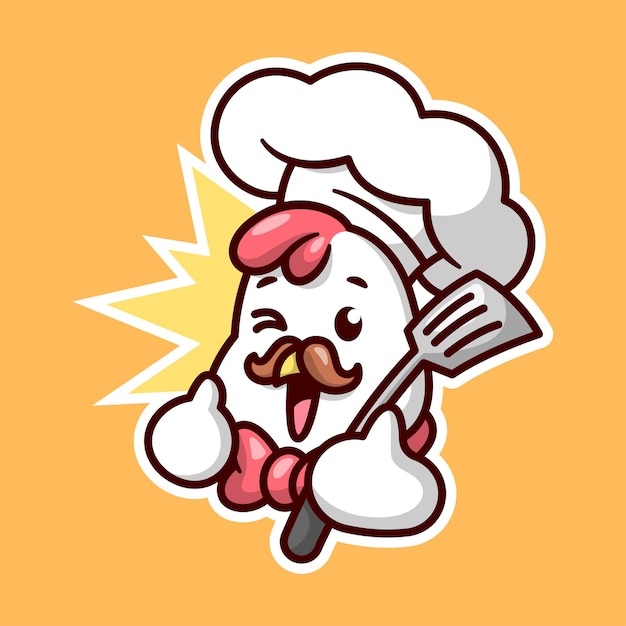 EL LINDO CHEF DE POLLO CON BIGOTE MARRÓN SONRÍE Y TRAE UN DISEÑO DE MASCOTA DE DIBUJOS ANIMADOS DE ALTA CALIDAD DE ESPÁTULA