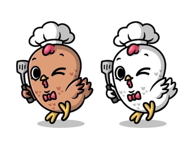 EL LINDO CHEF DE POLLO ESTÁ SOSTENIENDO UNA ESPÁTULA EN DISEÑO DE MASCOTA DE DIBUJOS ANIMADOS EN DOS COLORES DIFERENTES