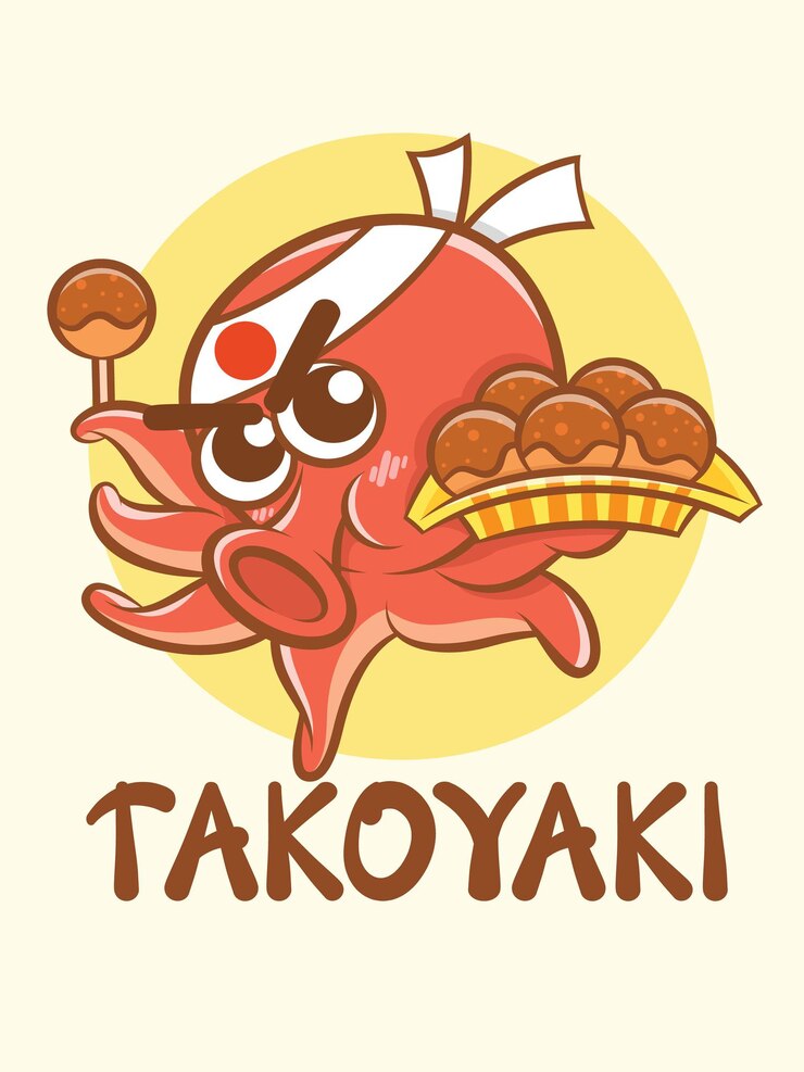 Vector un lindo chef de pulpo con comida takoyaki, el logotipo del personaje de dibujos animados y la ilustración de la mascota