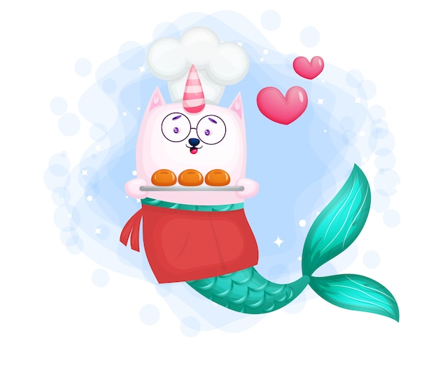 Lindo chef de sirena sonriente con personaje de dibujos animados de pan