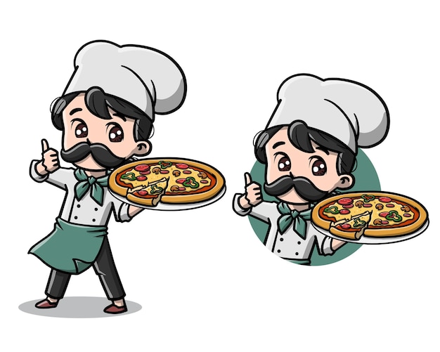 Vector lindo chef con su caricatura de pizza