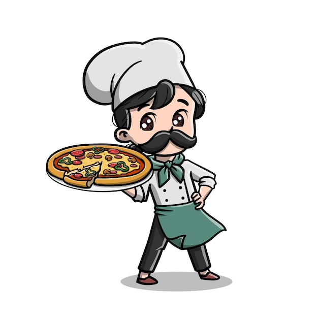 Vector lindo chef con su caricatura de pizza