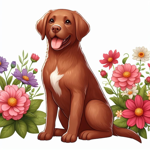 Vector el lindo chesapeake bay retriever dog y las flores ilustración de dibujos animados vectorial