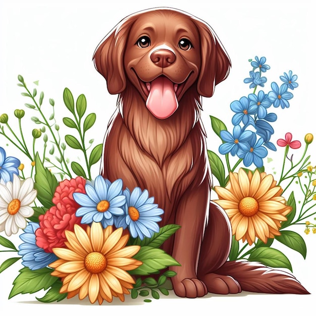 Vector el lindo chesapeake bay retriever dog y las flores ilustración de dibujos animados vectorial