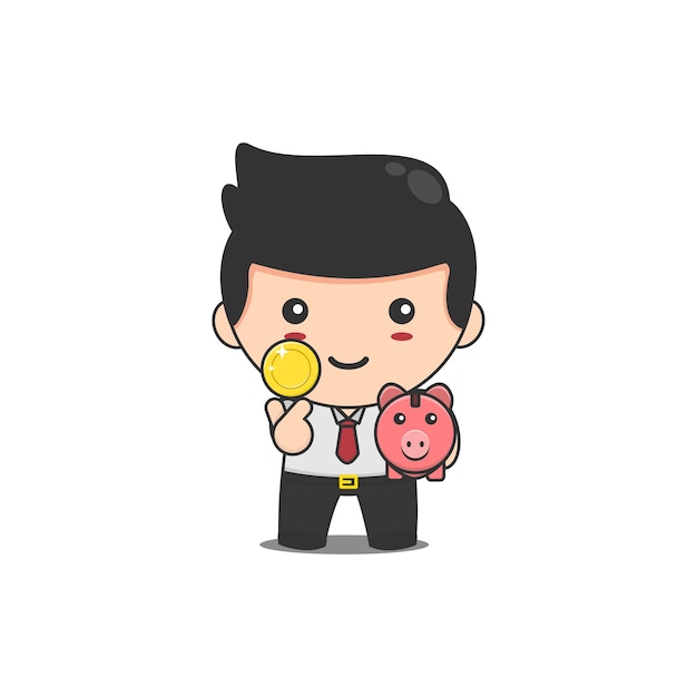 Lindo chibi empresario con monedas y ahorros de cerdo