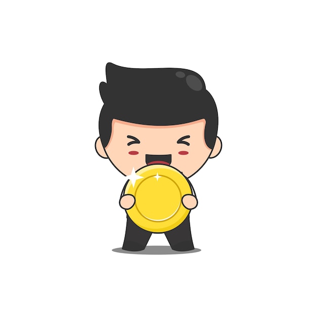 Lindo chibi hombre de negocios y moneda