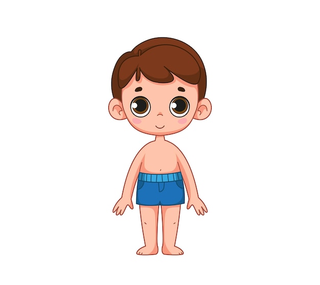 Lindo chico lindo con ojos grandes está de pie en bañador azul o pantalones cortos ilustración infantil