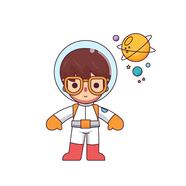 Vector lindo chico personaje de astronauta línea plana estilo minimalista