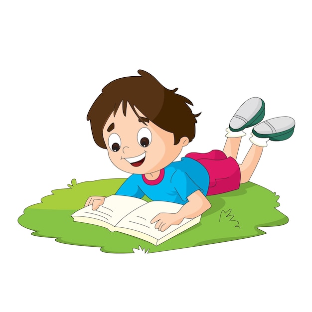 Lindo chico relajándose y disfrutando leyendo libros ilustración vectorial aislado en blanco