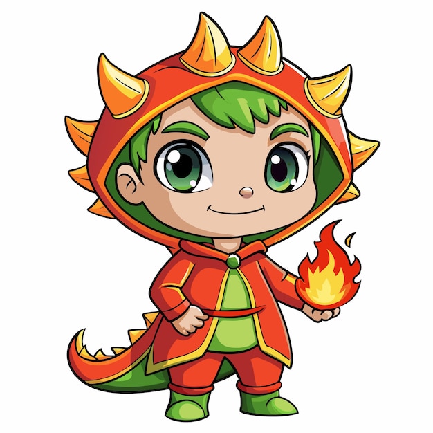 El lindo chico con traje de dragón Impresión vectorial de dibujos animados