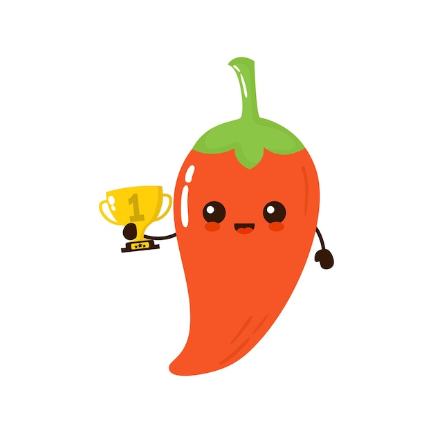Lindo chile feliz con trofeo de oro Vector plano vegetariano personaje de dibujos animados diseño de icono