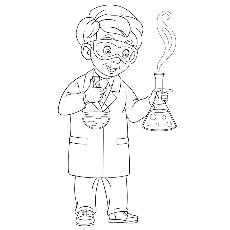 Vector lindo científico haciendo un experimento químico. profesiones de personas. página del libro de colorear de dibujos animados para niños.