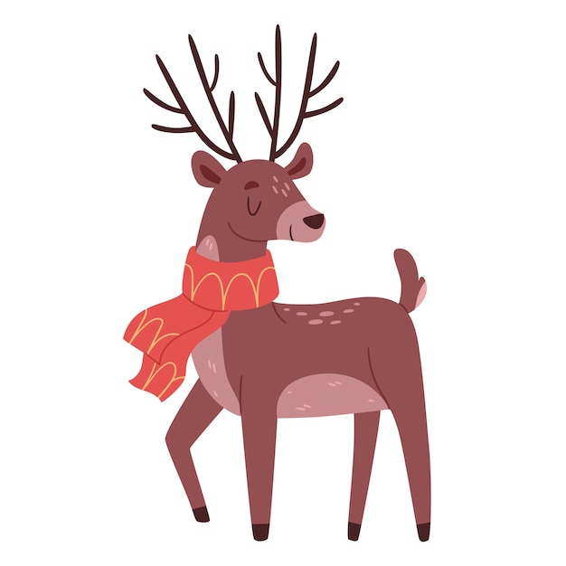 Un lindo ciervo con una bufanda roja personaje navideño Rudolph estilo dibujado a mano