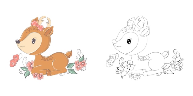 Lindo Ciervo Clipart Ilustración y Blanco y Negro. Ilustración animal divertida en el campo de flores.