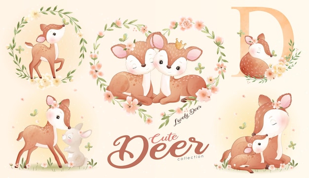 Lindo ciervo con conjunto de ilustración acuarela