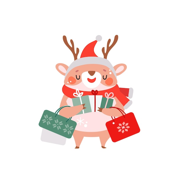 Lindo ciervo de dibujos animados simple con sombrero divertido y bufanda para imprimir en artículos de regalo de navidad
