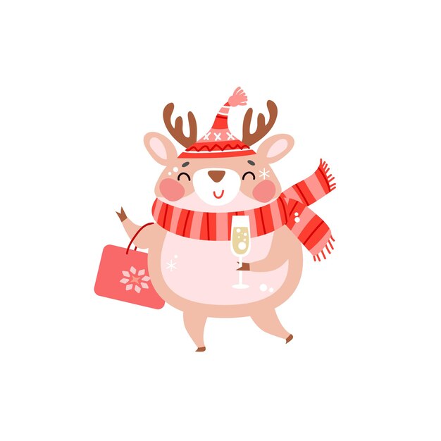 Lindo ciervo de dibujos animados simple con sombrero divertido y bufanda para imprimir en artículos de regalo de Navidad