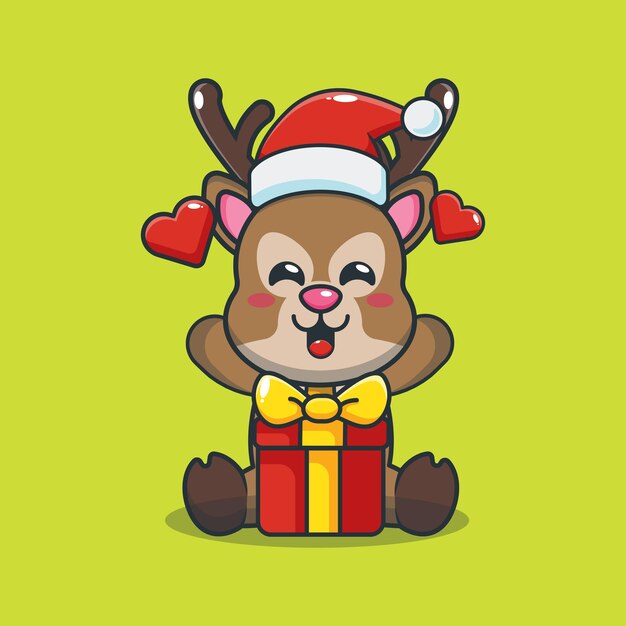 Lindo ciervo feliz con regalo de Navidad Linda ilustración de dibujos animados de Navidad