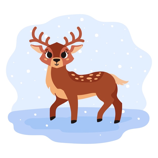 Lindo ciervo manchado marrón con cuernos Animal salvaje del bosque Horario de invierno Ilustración de dibujos animados vectoriales