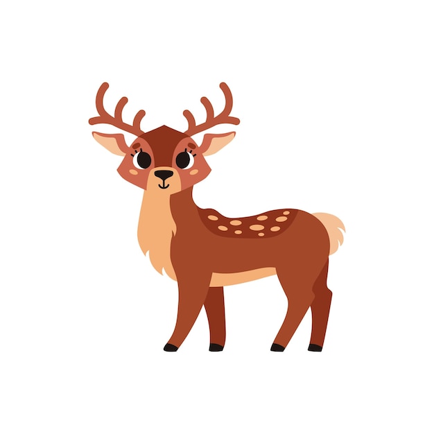 Lindo ciervo manchado marrón con cuernos Animal salvaje del bosque Ilustración de dibujos animados vectoriales