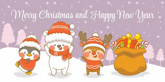 lindo ciervo pingüino y oso polar con pancarta de felicitación de navidad y año nuevo