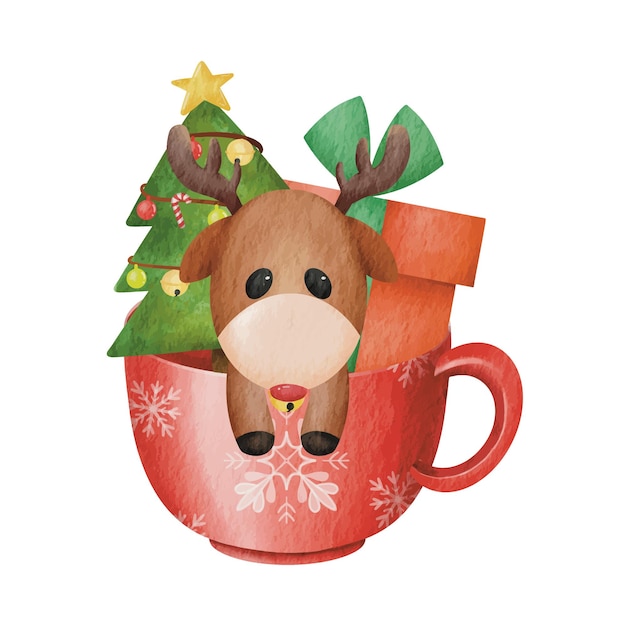 Lindo ciervo en una taza con árbol de navidad y cajas de regalo. ilustración vectorial dibujada a mano con acuarela.