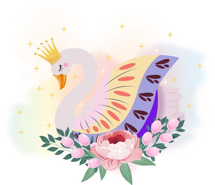 Vector lindo cisne con decoración de corona y flores.